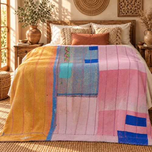Mustard Yellow & Pink Vintage Kantha Quilt Handmade Cotton Throw Blanket with Blue Patchwork – 60x80 Inches