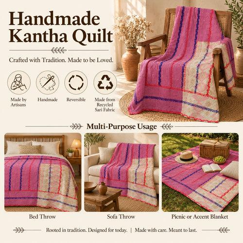 Pink & Cream Vintage Kantha Quilt – Handmade Reversible Cotton Bedspread, 60 × 100 Inches
