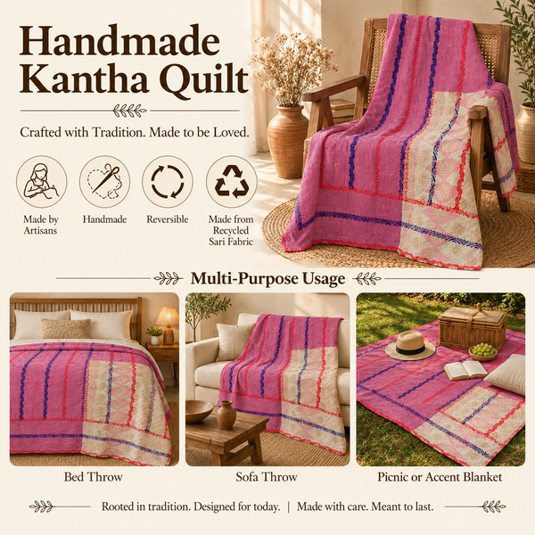 Pink & Cream Vintage Kantha Quilt – Handmade Reversible Cotton Bedspread, 60 × 100 Inches