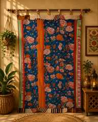 Indian Handmade Kantha Quilted 100% Cotton Fusion Blue Curtain
