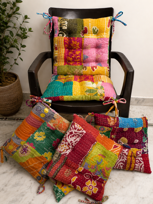 Boho Chic Kantha Chair Patchwork Cushion Handmade Indian Chair Pad Set Of 4 Pcs
