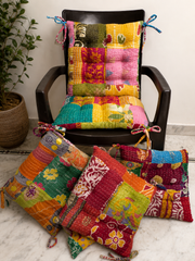Boho Chic Kantha Chair Patchwork Cushion Handmade Indian Chair Pad Set Of 4 Pcs