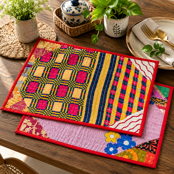 Colorful Kantha Placemats Set of 4 | Reversible Cotton Table Mats | Bohemian Kitchen Decor