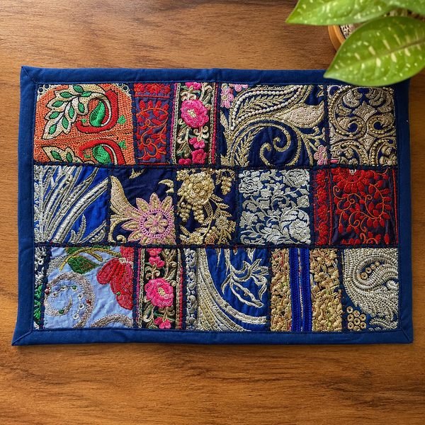 Handmade Blue Patchwork Embroidered Placemat Set of 2 Pcs – Vintage Textile Table Mat