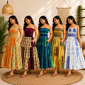 Handmade Cotton Strapless Smocked Patchwork Maxi Dress for Women | Boho Summer Tiered Beach Dress with Pockets