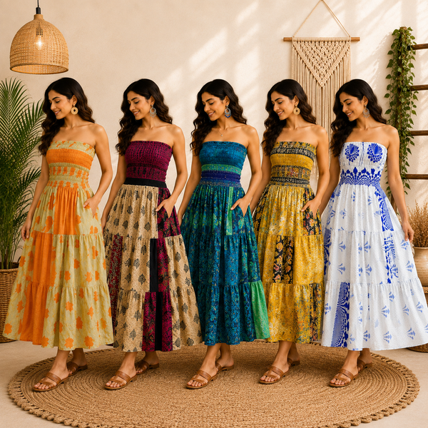 Handmade Cotton Strapless Smocked Patchwork Maxi Dress for Women | Boho Summer Tiered Beach Dress with Pockets