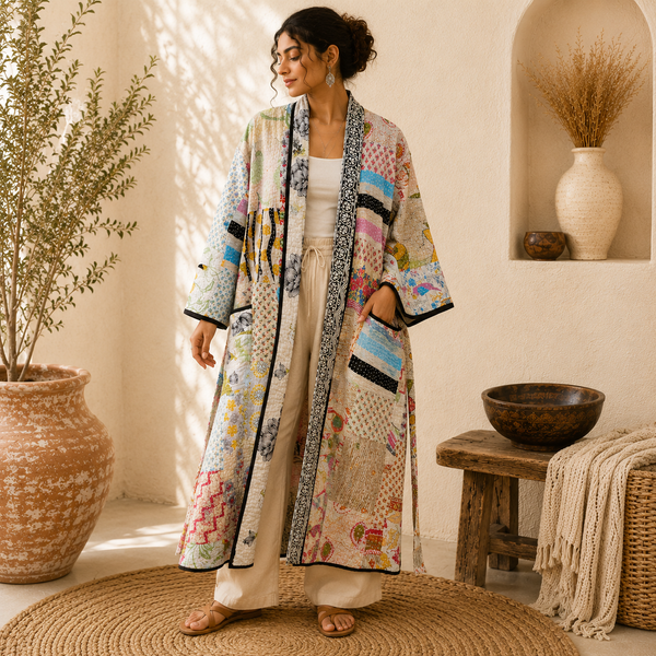 Vintage Kantha White Patchwork Handmade Cotton Kimono Robe One Size 1 Pcs