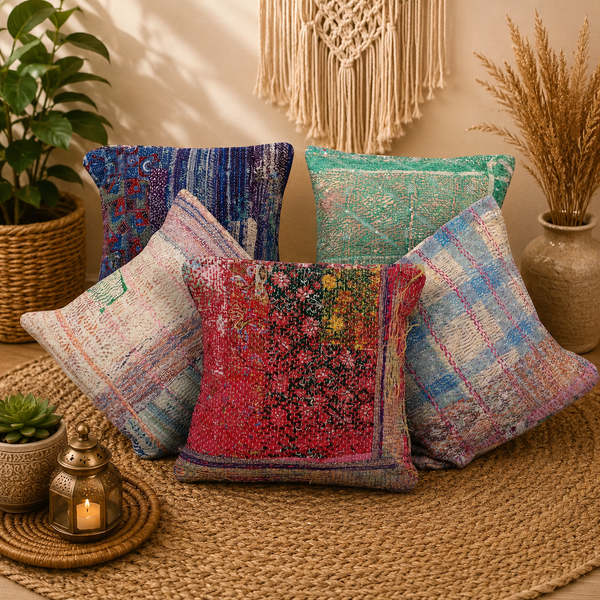 Vintage Kantha Patchwork Pillow Cover 18x18 inches, Recycled Sari Cushion Cover, Handmade Indian Throw Pillow, Boho Rustic Home Decor