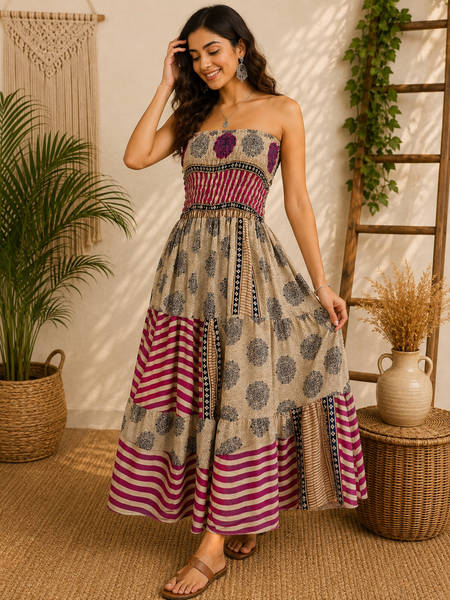 Handmade Cotton Strapless Smocked Maxi Dress for Women | Boho Patchwork Summer Beach Dress with Pockets