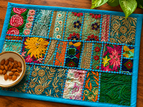Handmade Embroidered Patchwork Placemat – Vintage Textile Table Mat, Boho Dining Decor