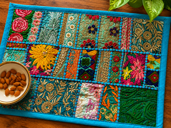 Handmade Embroidered Patchwork Placemat – Vintage Textile Table Mat, Boho Dining Decor