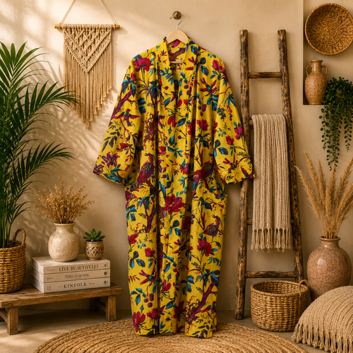 Women's Cotton Yellow Floral Bird Print Long Kimono Robe | Boho Open Front Lightweight Cardigan with Pockets