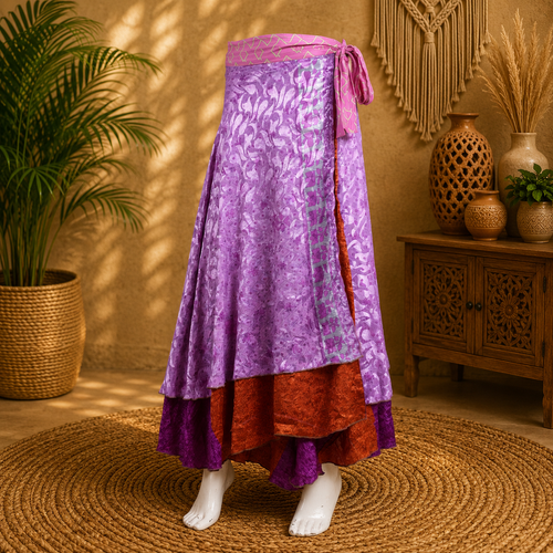 Vintage Purple Wrap Skirt for Women | Handmade Upcycled Sari Maxi Skirt | Adjustable Tie Waist | Boho Festival Beach Skirt | Sustainable Clothing