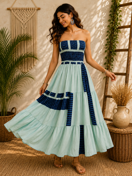 Handmade Cotton Strapless Smocked Patchwork Maxi Dress for Women | Boho Summer Tiered Beach Dress with Pockets