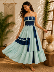 Handmade Cotton Strapless Smocked Patchwork Maxi Dress for Women | Boho Summer Tiered Beach Dress with Pockets