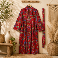 Red Floral Cotton Kimono Cardigan for Women | Long Boho Open Front Robe with Pockets
