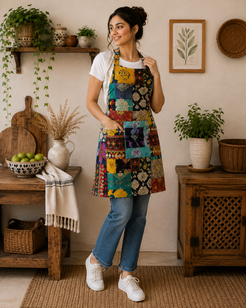 Vintage Kantha Patchwork Apron 1 Pc, Handmade Cotton Boho Cooking Apron, Recycled Sari Kitchen Apron, Indian Quilted Workwear Gift