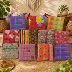 Vintage Kantha Chair Pad with Ties 5 Pcs, Handmade Cotton Patchwork Seat Cushion, Boho Dining Chair Pad, Recycled Sari Floor Cushion