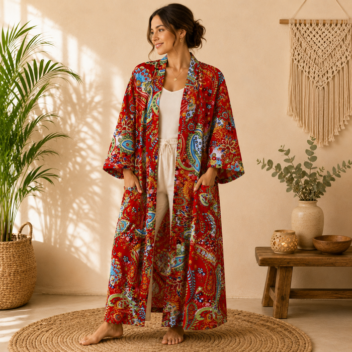 Handmade Red Cotton Kimono Robe for Women | Boho Paisley Floral Long Cardigan | Lightweight Beach Cover Up | Summer Loungewear