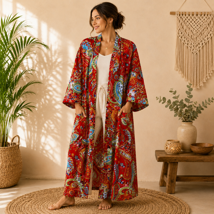 Handmade Red Cotton Kimono Robe for Women | Boho Paisley Floral Long Cardigan | Lightweight Beach Cover Up | Summer Loungewear