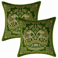Indian Decorative Brocade Green And Gold Throw Pillow Covers 2 Pcs 16x16 Inch