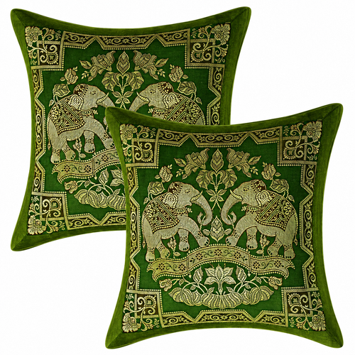 Indian Decorative Brocade Green And Gold Throw Pillow Covers 2 Pcs 16x16 Inch