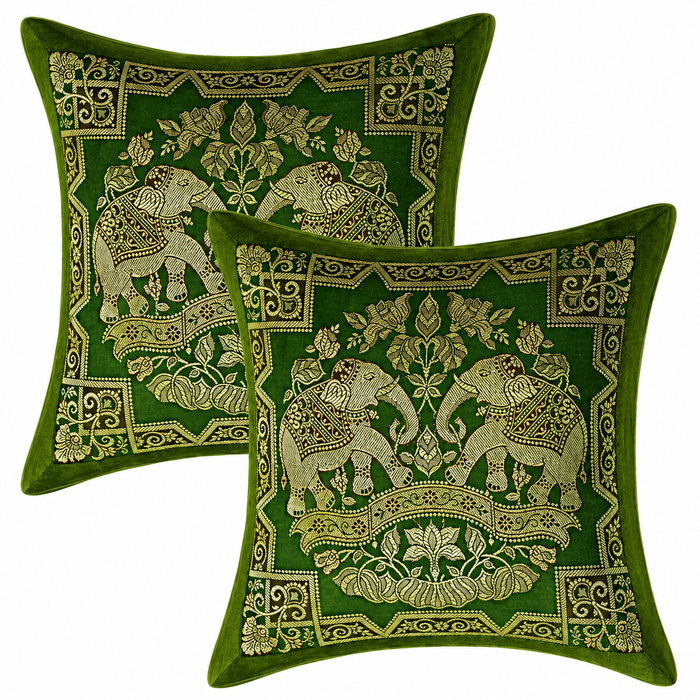 Indian Decorative Brocade Green And Gold Throw Pillow Covers 2 Pcs 16x16 Inch