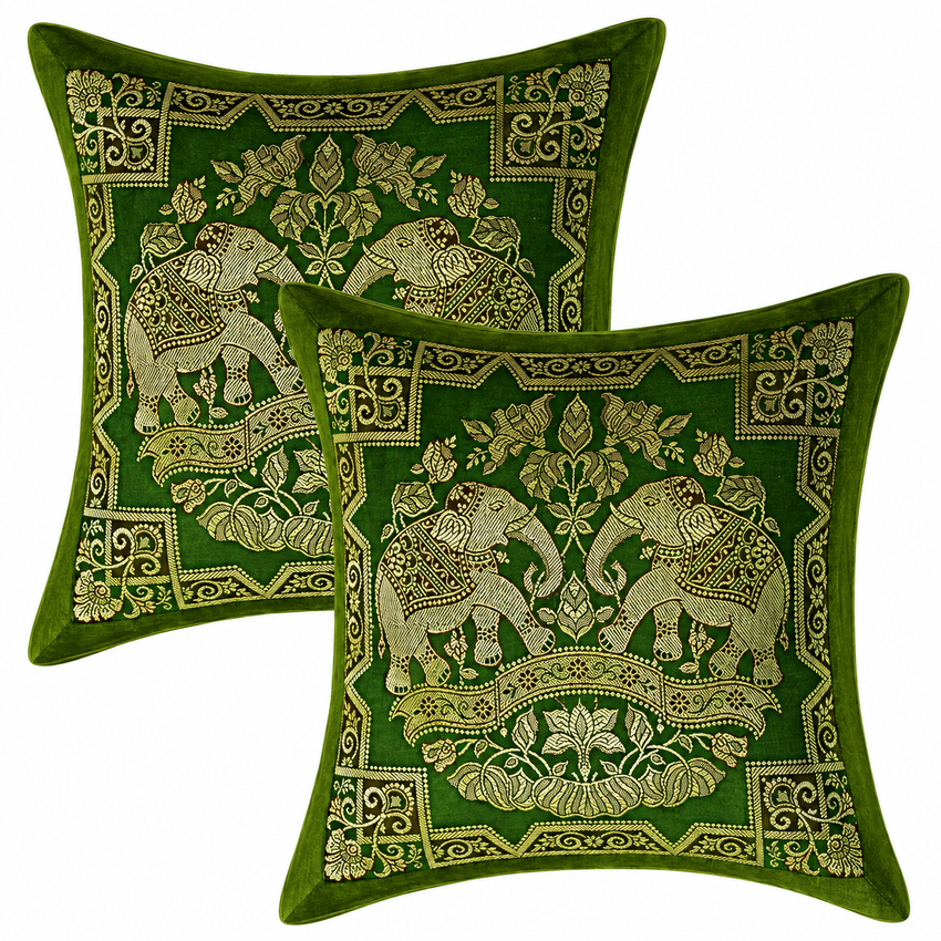 Indian Decorative Brocade Green And Gold Throw Pillow Covers 2 Pcs 16x16 Inch