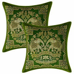 Indian Decorative Brocade Green And Gold Throw Pillow Covers 2 Pcs 16x16 Inch