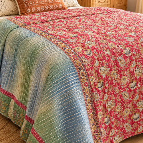 Rose Pink Patchwork Vintage Kantha Quilt – Handmade Reversible Twin Cotton Bedspread & Boho Throw Blanket | EBY-TW-238