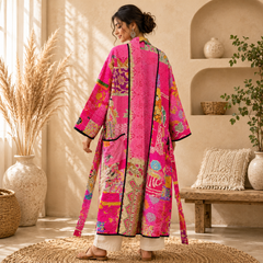 Indian Handmade Vintage Kantha Quilt Pink Patchwork Kimono Robe One Size Robe
