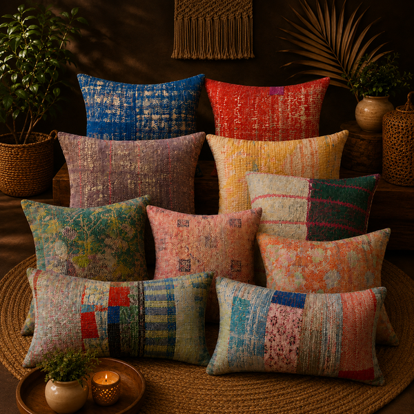 Vintage Kantha Pillow Cover 2 Pcs, Handmade Recycled Sari Cushion Cover, Boho Patchwork Throw Pillow, Indian Cotton Home Decor, Assorted Design