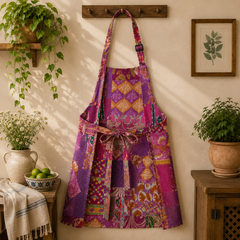 Vintage Kantha Patchwork Apron 1 Pc, Purple Cotton Cooking Apron, Handmade Boho Kitchen Apron, Recycled Sari Adjustable Apron with Pocket