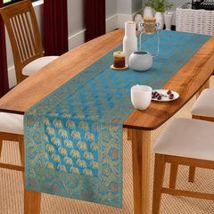 Turquoise Elephant Print Handmade Brocade Table Runner 72 Inch