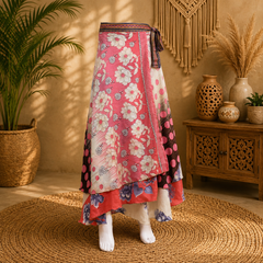 Vintage Pink Floral Wrap Skirt for Women | Handmade Upcycled Sari Maxi Skirt | Adjustable Tie Waist | Boho Beach Skirt | Sustainable Festival Clothing