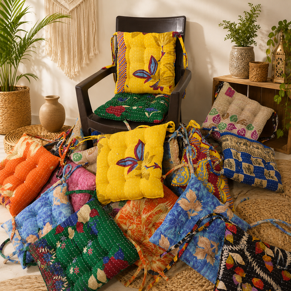Vintage Kantha Chair Pads 5 Pcs Set, Handmade Cotton Seat Cushions, Tufted Boho Chair Pads, Indian Floor Cushions, Mixed Assorted