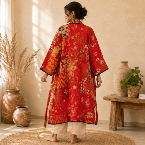 Indian Vintage Kantha Cotton Red Patchwork Kimono Long Robe