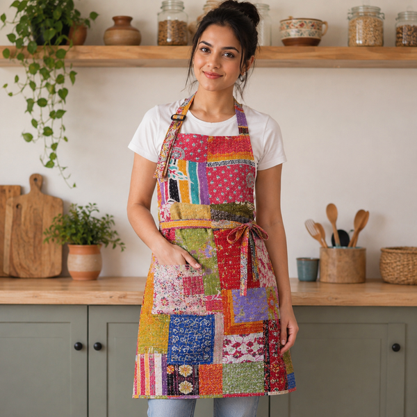 Vintage Kantha Patchwork Apron – Handmade Recycled Cotton Kitchen Apron with Pockets | Boho Cooking Apron