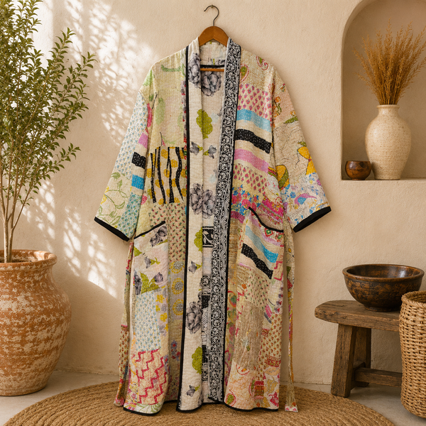 Vintage Kantha White Patchwork Handmade Cotton Kimono Robe One Size 1 Pcs