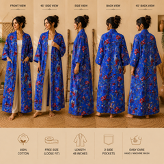 Women's Cotton Blue Floral Bird Print Long Kimono Robe | Boho Lightweight Open Front Cardigan with Pockets