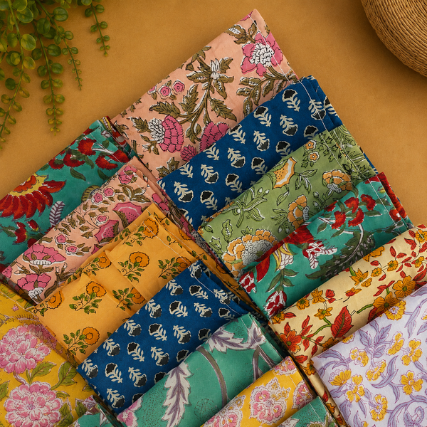 Hand Block Printed Cotton Napkins – Indian Floral Cloth Dinner Napkins 20 pcs, Reusable Table Napkins, Boho Mixed Assorted Set