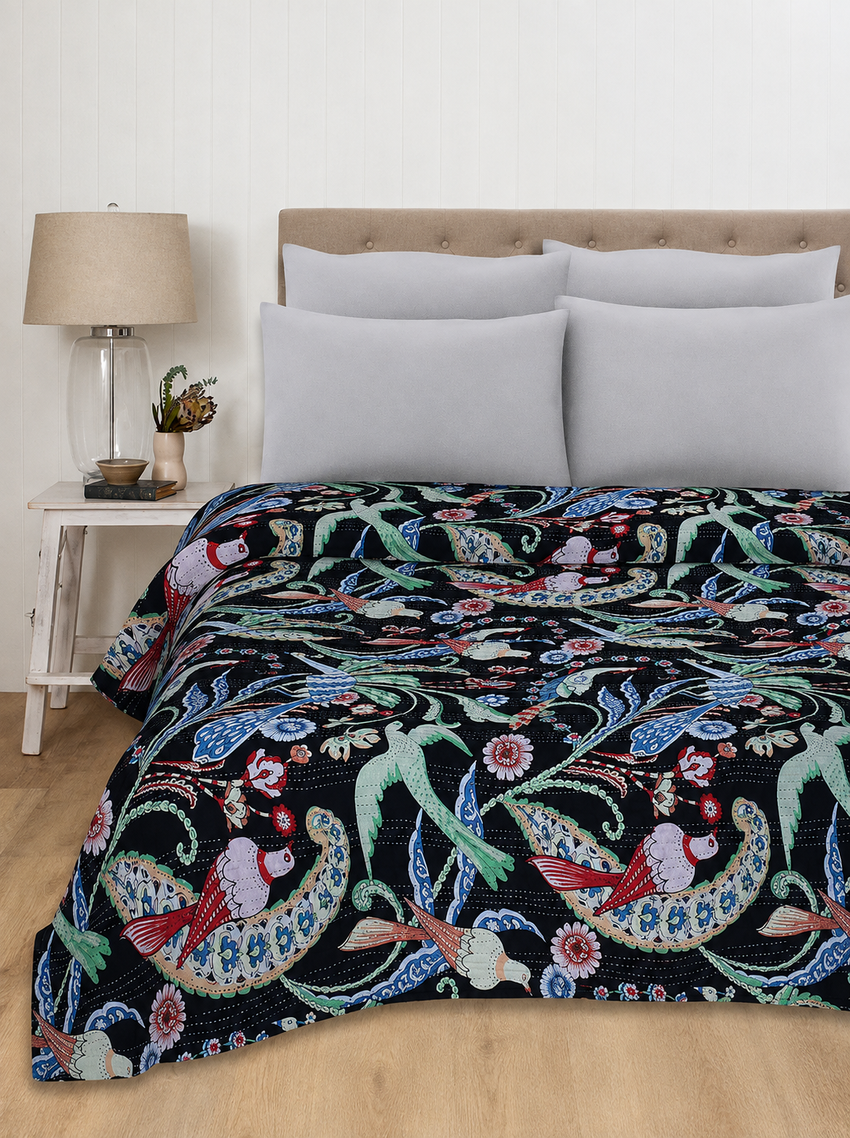 Navy Blue Bird Print Bohemian Quilt Bedding