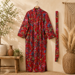 Red Floral Cotton Kimono Cardigan for Women | Long Boho Open Front Robe with Pockets
