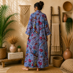 Women's Cotton Bird & Floral Print Long Kimono Robe | Boho Lightweight Open Front Duster Cardigan with Pockets