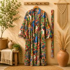Peach Tropical Cotton Kimono Cardigan for Women | Long Boho Open Front Robe with Pockets