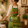 Vintage Kantha Apron 2 Pcs, Handmade Patchwork Cotton Kitchen Apron, Recycled Sari Cooking Apron, Boho Indian Embroidered Apron with Pocket