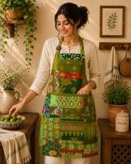 Vintage Kantha Patchwork Apron 1 Pc, Green Cotton Cooking Apron, Handmade Boho Kitchen Apron, Recycled Sari Garden Apron with Pocket