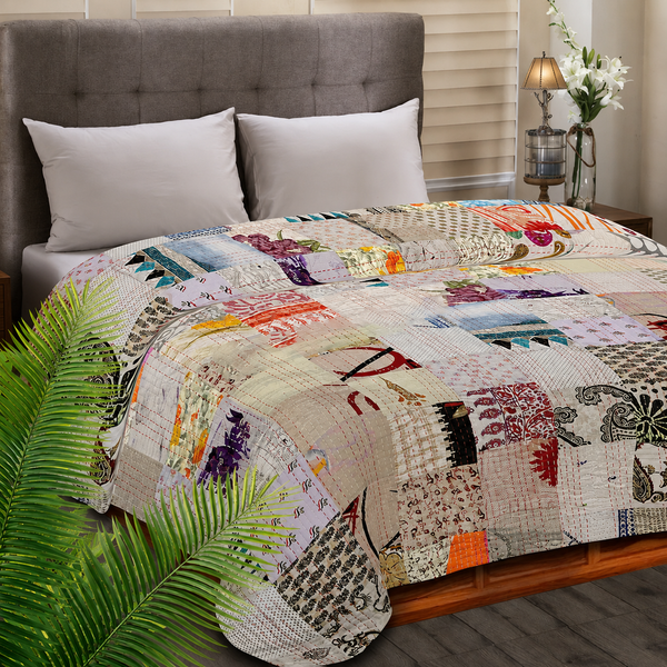 White Boho Chic Silk Patchwork Quilt Colorful Eclectic Design Room Decor