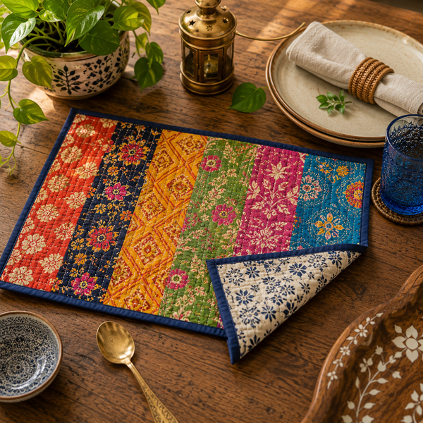 Indian Kantha Cotton Quilted Floral Table Mats Set 2 Pcs