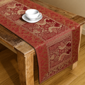 Gold Accented Peacock Red Brocade Table Runner, Dining, Wedding Decor